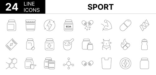 Collection of 24 sport line icons featuring editable strokes. These outline icons depict various modes of sport, supplement, powder, protein, vitamin, whey, food, bar, energy, nourishment, drink, 