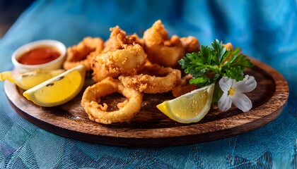 calamari, rings, food, meal, onions, breading, fried, new, leon, citron, closeup, breaded, meat, finger, dinner, fish, squid, octopus, sepia, cuttlefish, on, wooden, background, group, calamaris, ad, 
