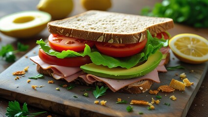 close-up of salami, avocado, tomato, parsley and a perfect sandwich