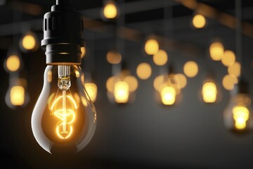 A single light bulb is glowing brightly in a dimly lit room. The light bulb is the only source of illumination in the space, casting a warm and inviting glow. AI generated.