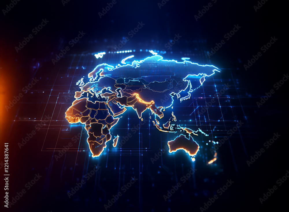 Poster a glowing, digital world map with bright blue and orange outlines, highlighting global connectivity 