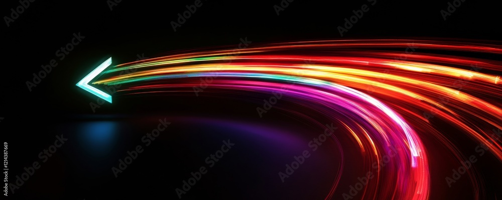 Poster glowing neon arrow pointing colorful light trails on dark background representing speed and progress