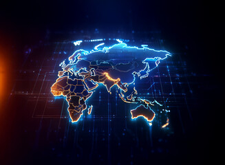 A glowing, digital world map with bright blue and orange outlines, highlighting global connectivity and data flow on a dark grid background.