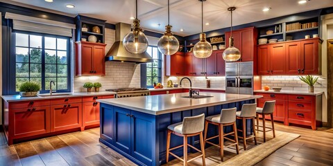 Fototapeta premium Long Exposure Photo: Rustic Red Kitchen Cabinets, Navy Island & Pendant Lights