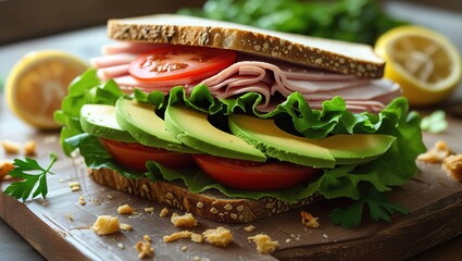 close-up of salami, avocado, tomato, parsley and a perfect sandwich