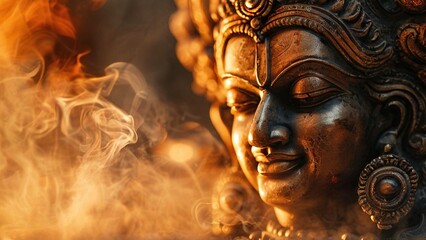 Serene bronze deity statue in smoky firelight. Spiritual peace, meditation, devotion