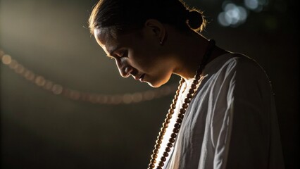 A contemplative figure stands in solitude their LED necklace softly pulsating with light. The gentle glow of the beads creates an intimate setting emphasizing their thoughtful
