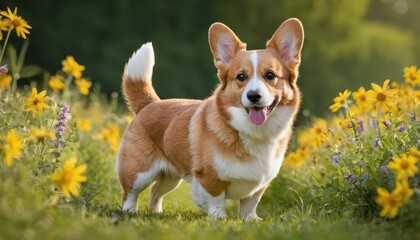 Adorable Welsh Corgi surrounded by blooming daisies, embodying happiness and a love for the outdoors