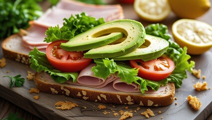 close-up of salami, avocado, tomato, parsley and a perfect sandwich