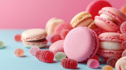 Obraz premium Delicious Pink Macarons and Gummy Candies on Pastel Background