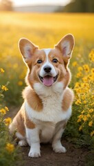 Happy Welsh Corgi standing in a vibrant meadow filled with bright yellow daisies, radiating joy and charm