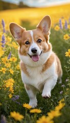 Happy Welsh Corgi standing in a vibrant meadow filled with bright yellow daisies, radiating joy and charm