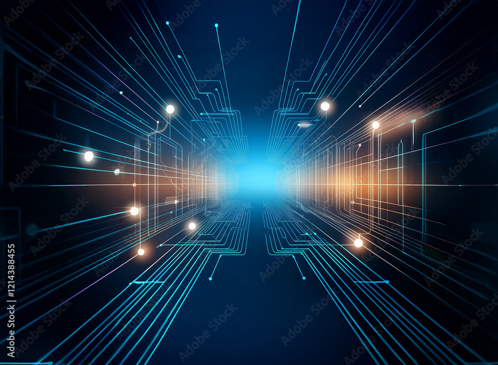 Poster abstract digital illustration depicting a glowing, futuristic circuit board tunnel. lines converge t