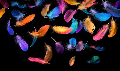 Colorful feathers falling with black background forced perspective