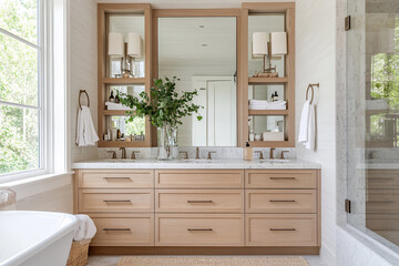 Fototapeta premium Modern bathroom interior with wooden cabinets and large mirror, elegant design