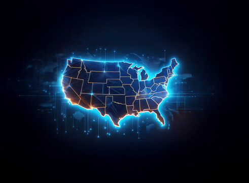 A glowing digital map of the United States, its states outlined in vibrant blue and orange light against a dark background.  The image evokes a sense of technological connectivity across the nation.