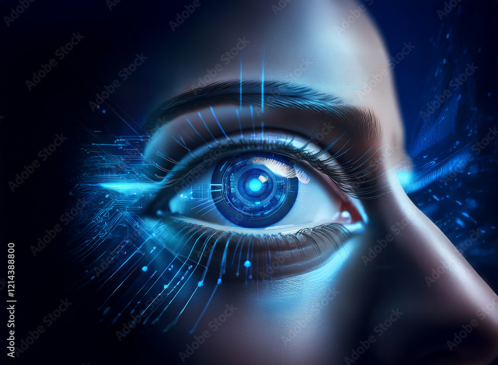 Poster Close-up of a woman's eye, digitally enhanced with glowing blue circuitry, suggesting technological integration or augmented reality.  The image evokes mystery and futuristic concepts.