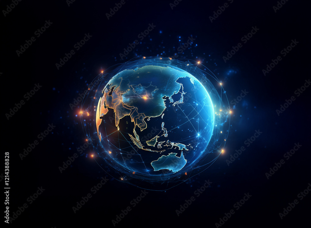 Poster a digital rendering of earth, glowing with interconnected nodes, representing global networks and co