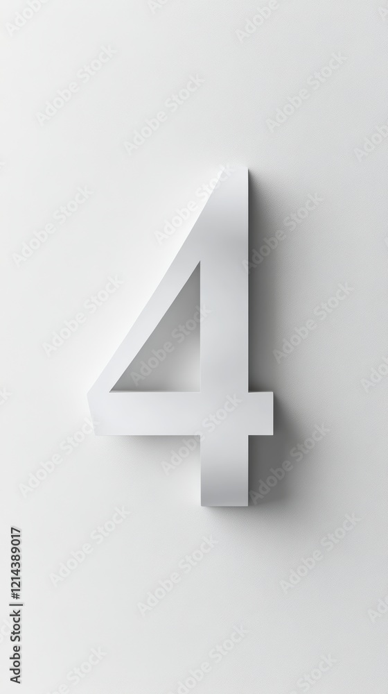 Poster white number four casting a subtle shadow on a white background, creating a minimalist and modern co