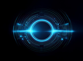 Abstract digital art depicting a glowing blue circular interface, surrounded by concentric technological elements against a black background.  The central circle emits a bright, horizontal beam of lig