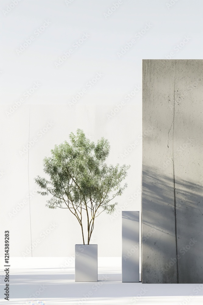 Poster a tree is in a white pot and is next to a concrete wall. the tree is tall and has green leaves. the 