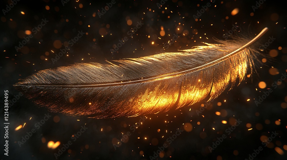 Poster glowing feather surrounded by sparkling particles in a dark atmosphere creating a mystical charm. ge