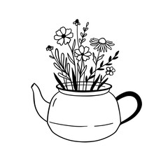 wildflowers in a teapot, rustic cottagecore illustration