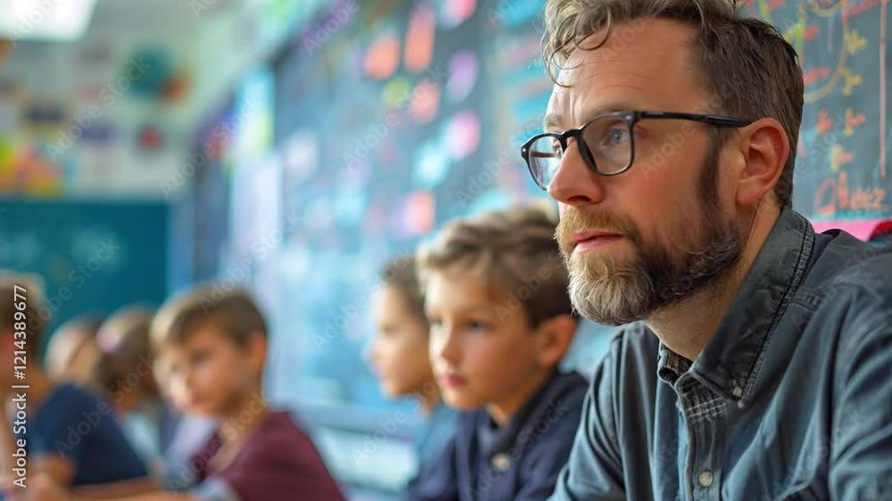 Poster this teacher attentively listens to students while they participate in a classroom activity.