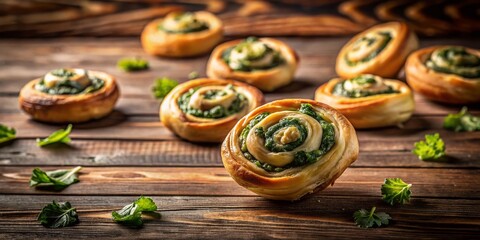 Fototapeta premium Long Exposure Photography of Delicious Spinach Pastries, Spinning on a Rustic Wooden Table