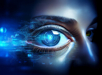 Close-up of a woman's eye, technologically augmented, showcasing a blend of organic and digital elements.  The cybernetic eye glows with futuristic blue light.
