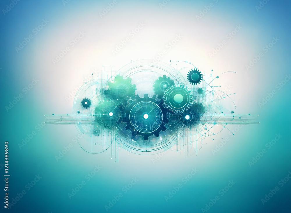 Poster Abstract digital art depicting interconnected gears within a stylized cloud, symbolizing technological networking and intricate systems.  The color palette is predominantly teal and light blue, creati