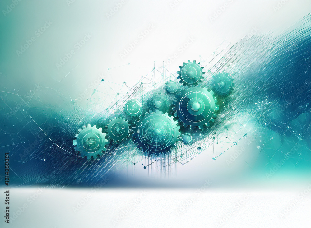 Poster abstract image of teal gears interlocked, set against a flowing, textured blue and white background 