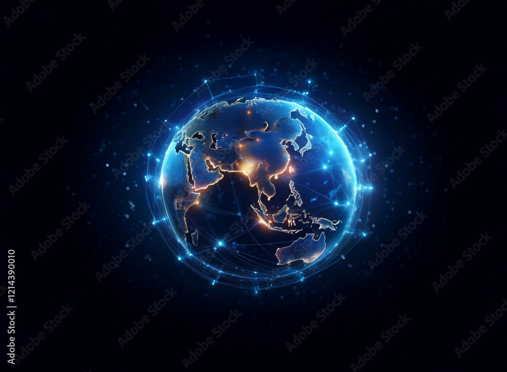 Poster a glowing digital earth, encircled by a network of interconnected nodes, symbolizes global connectiv