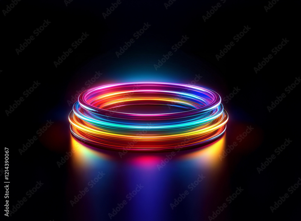 Poster Vibrant, stacked neon rings glow intensely against a dark background, creating a captivating, futuristic display with bright reflections.