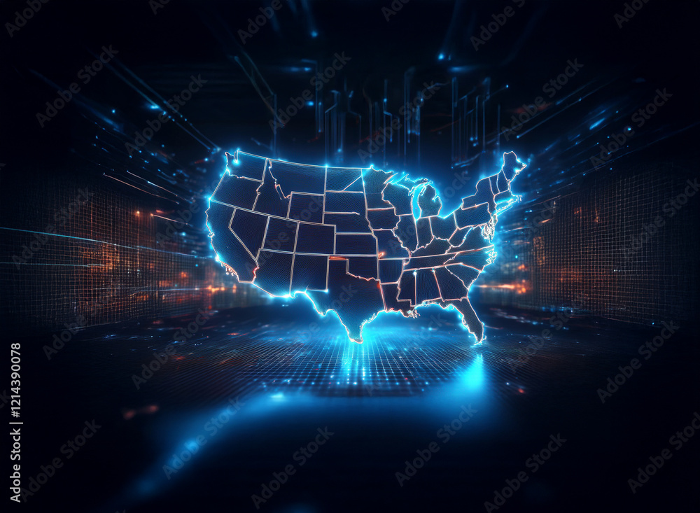 Poster a glowing, digital map of the united states is displayed against a dark, technological backdrop, sug