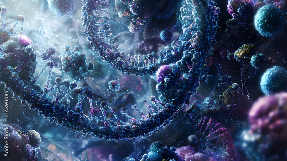 Poster stunning detailed microscopic dna helix structure 3d render abstract science background digital art 