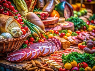 Fototapeta premium Long Exposure Photography of Sliced Meat, Bread, and Vegetables