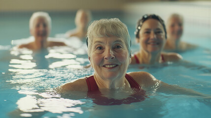 Fototapeta premium Older women participate in a lively water aerobics class, smiling and socializing while exercising in a warm, indoor pool on a bright day.