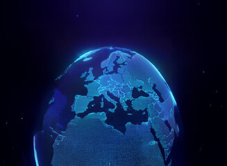 A glowing blue digital Earth, highlighting Europe.  The continents are depicted with a network of light points, creating a futuristic, interconnected feel.  The background is a deep dark blue, resembl