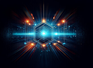 Abstract digital art depicting a glowing hexagonal core, surrounded by vibrant streaks of light and data streams, suggesting high-speed processing and technological advancement.