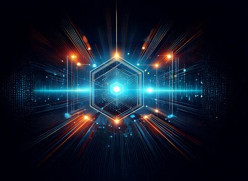 Abstract digital art depicting a glowing hexagonal core, surrounded by vibrant streaks of light and data streams, suggesting high-speed processing and technological advancement. - Powered by Adobe