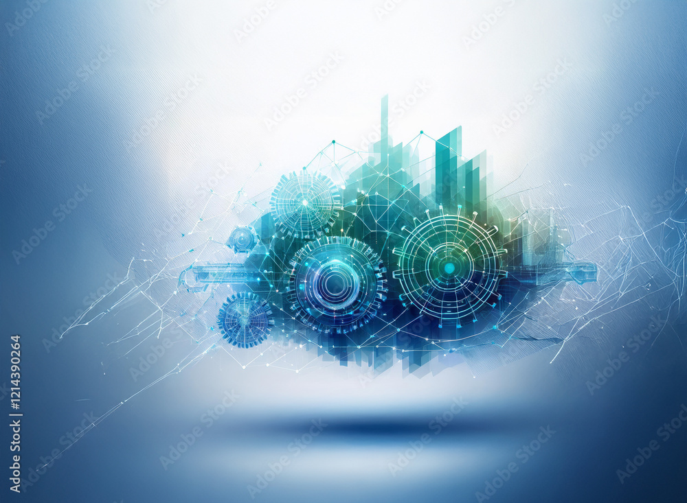 Poster abstract digital cityscape representation. gears and network connections symbolize technological adv