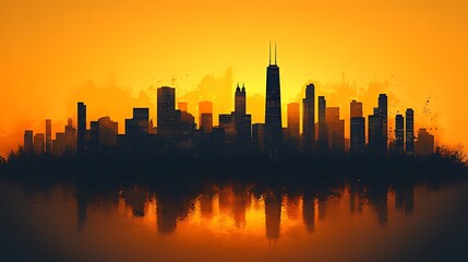 Chicago sunset cityscape reflection, orange sky, urban art
