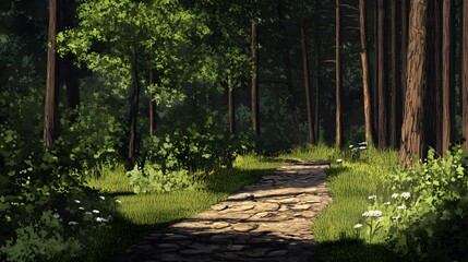 Fototapeta premium Sunlit Forest Path Stone Walkway Green Nature