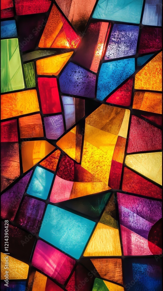 Poster vibrant sunlight filtering through multicolored stained glass, casting kaleidoscopic patterns of lum