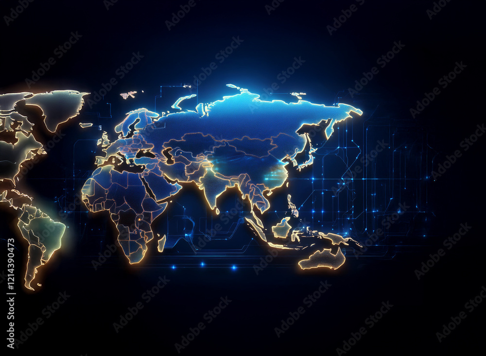 Aufkleber Glowing world map with digital overlay, highlighting global connectivity and data flow.  International networks and technological advancement are emphasized.