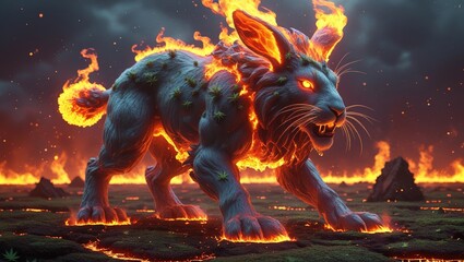 surrealist muscular figure of an angry and vicious 3D render anime rabbit in flames