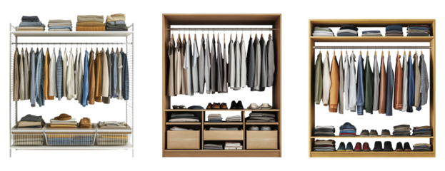 Organized clothing racks displaying various garments on a transparent background