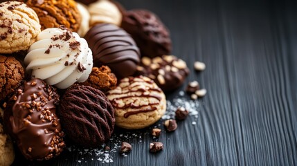 A visually stunning display of cookies piled against a dark backdrop, showcasing the rich textures and delightful flavors that promise a taste sensation.