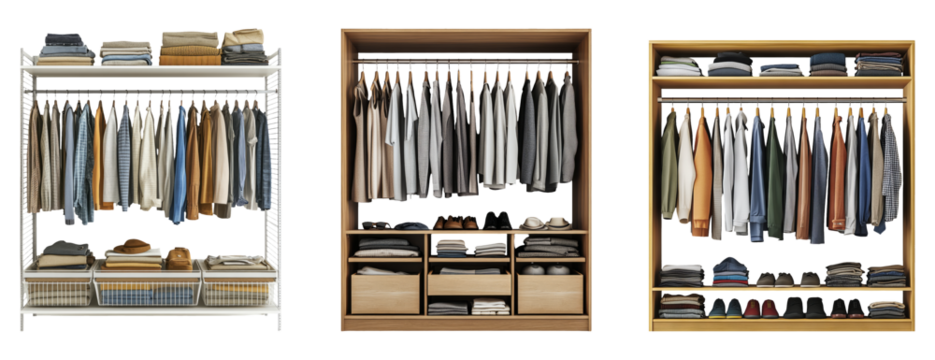 Organized clothing racks displaying various garments on a transparent background